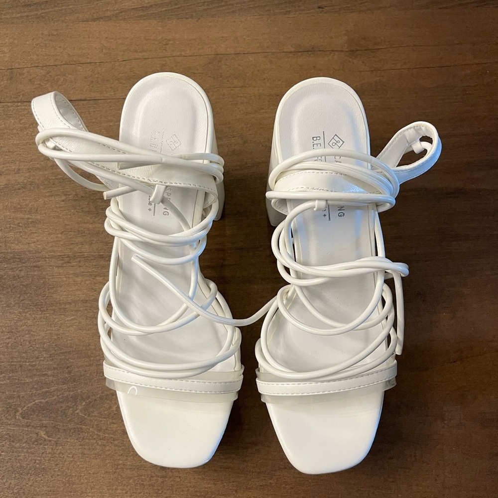 White Wrap-Strap Square-Toe Heeled Sandals